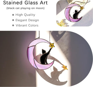 6.5'' Black Cat Decor on Purple Moon Stained Glass Window Hanging Suncatcher