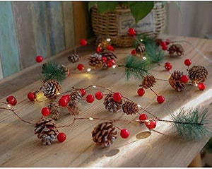 7.8 FT PineCones String Lights, christmas pine cone light string, 20 LED Red Berry Pine Cone Garland Lights