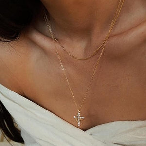 Paved Cross Rotated Crown Necklace for Women, Dainty Diamond Cross Cute Gold Jewelry Set