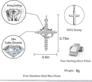 Cross Rotated Crown Necklace Gold Cross Pendant Dainty Cross Cubic Zirconia, Silver
