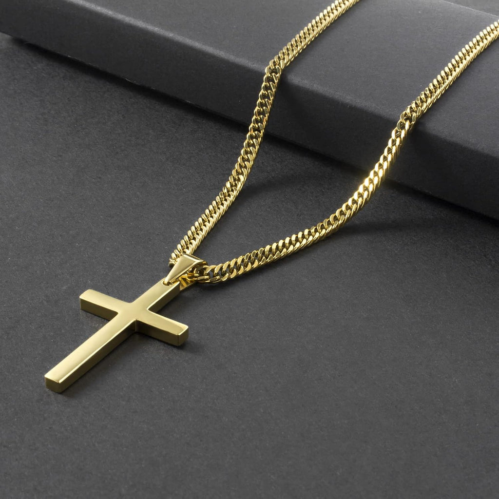 Gold Stainless Steel Plain Cross Pendant Necklace for Men Cuban Chain 18-26 Inch