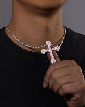 White Gold Plated Cubic Zirconia Stone Cross Necklace With Rope Chain