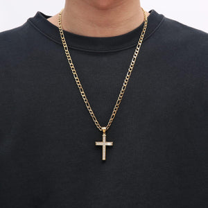 24K Gold-Plated Solid CZ Cross Necklace for Men Women Stainless Steel Religion Jewelry with 24 Inch Figaro Chain