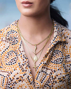 18K Gold Plated Flat Mariner/Marina 060 3MM Chain Necklace With Cross Pendant., Gold