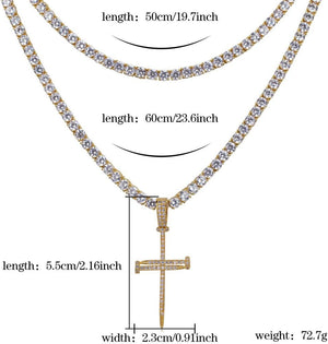 14K Gold Plated Large Nail Cross Chain Iced out CZ Pendant Hip Hop Jewelry for Women with Stainless Rope Chain