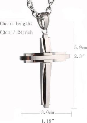 Mens Polished Stainless Steel Silver Cross Pendant Necklace 22+2 Inches Chain