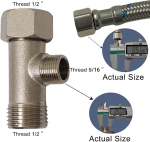 Bidet T Adapter - T Valve Adapter for Bidet (Thread Size 1/2″ x 1/2″ x 3/8" or 9/16″), Brass Coated Nickel