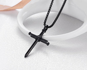 Men's Stainless Steel Nail Cross Pendant Necklace with 24 Inch Chain Polished Black Gold Silver