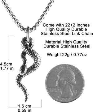 Gothic Jewelry Men's Stainless Steel Animal Snake Pendant Chain Necklace, Silver