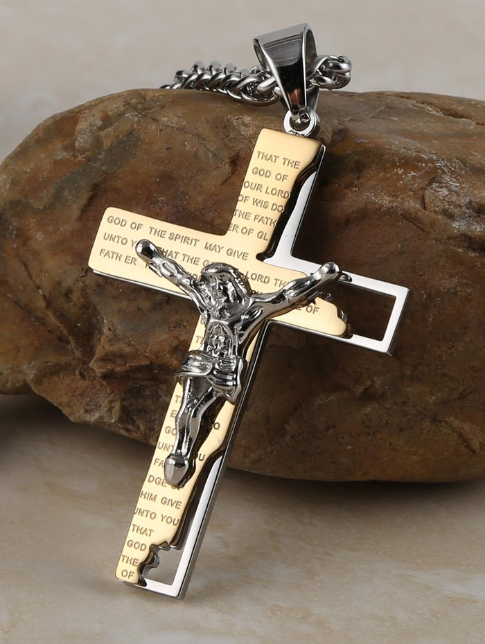 Men's Stainless Steel Cross Crucifix Bible Prayer Pendant Necklace 22+2" Chain, Gold