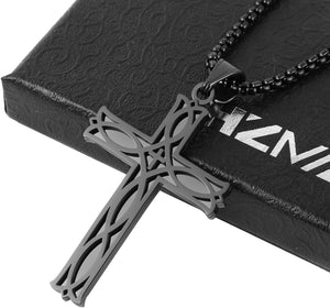 Men's Stainless Steel Infinity Celtic Cross Irish Knot Pendant Necklace, 22+2" Link Chain, Black