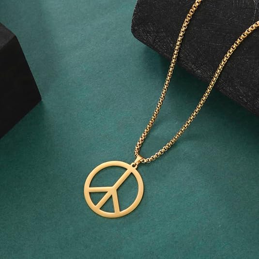 Peace Necklace for Men Women Stainless Steel Hippie Style Peace Sign Necklace, Gold