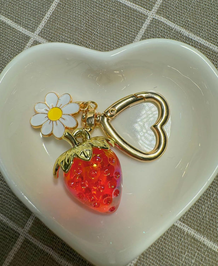 Cute Strawberry Keychain for Women, Girls Bag Charm Key Chain Accessories, Heart Flower Keychains for Purse, Clear Red