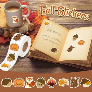 600Pcs Fall Stickers Roll of 8 Cute Pumpkin Maple Leaves Animals Self Adhesive Labels Decals Seasonal Harvest Envelope Seals