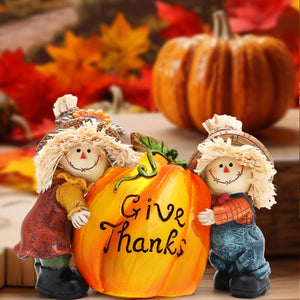 Fall Thanksgiving Resin Scarecrow Pumpkin Figurines - Adorable Scarecrow Embrace Pumpkin Decorations