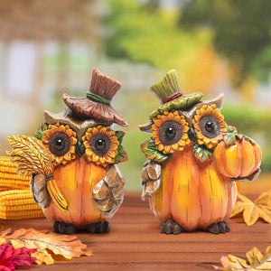 Owl Sculpture - Resin Thanksgiving Decor, Handmade Fall Centerpiece in Country Style, 2 Pieces