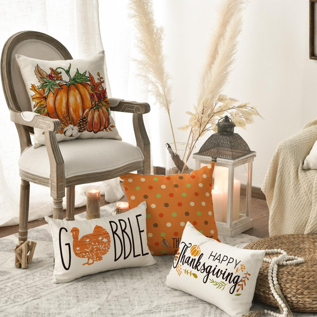 Thanksgiving Turkey Pumpkin Throw Pillow Covers, 18 x 18 Inch Give Thanks Cushion Case for Sofa Couch Set of 4