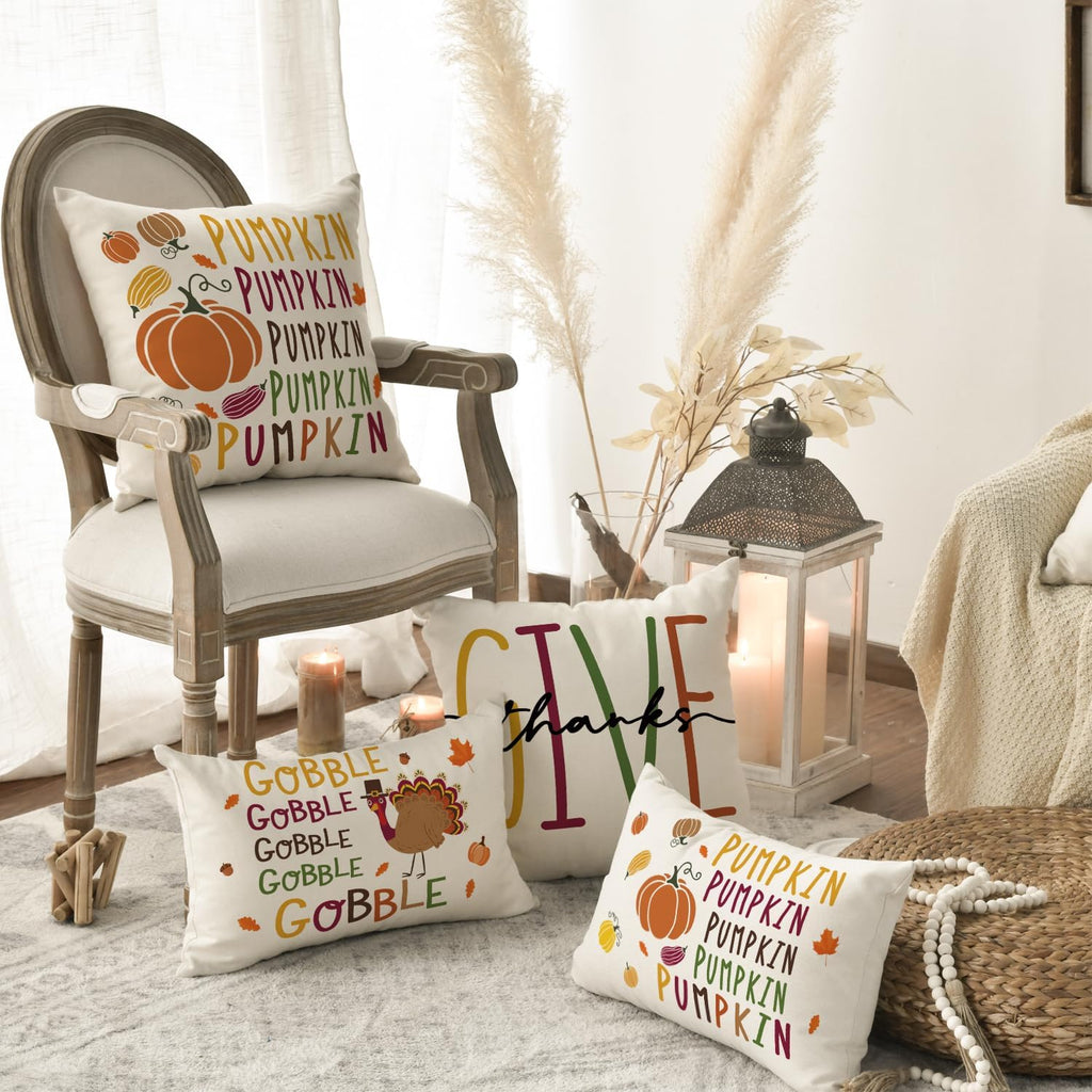 Thanksgiving Gobble Turkey Pumpkin Throw Pillow Covers, 18 x 18 Inch Give Thanks Happy Harvest Cushion Case for Sofa Couch Set of 4