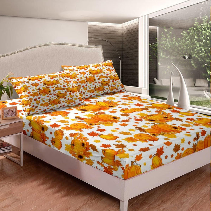 Fall Pumpkin Bed Sheets King Autumn Maple Leaves Bedding Set Thanksgiving Harvest Season Decor Sheet Set