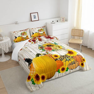 Pumpkin Comforter Set Thanksgiving Autumn Sunflowers Comforter for Boys Girls Leopard Stripes Bedding Set