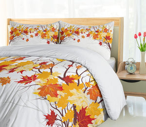 Fall Duvet Cover Set, Image of Canadian Maple Tree Leaves in Autumn Season Soft Reflection Effects, Decorative 3 Piece Bedding Set