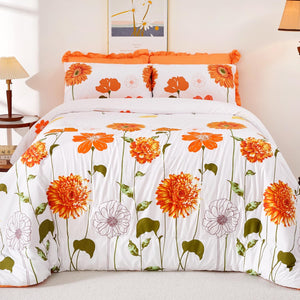 Duvet Cover Queen Size Soft Floral Comforter Cover Set with Zipper Closure Orange Sunflower Flowers Bedding Set for All Seasons 3 Pieces（1 Duvet Cover 90"x90", 2 Pillowcases）