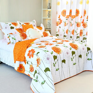 Cotton Quilt Queen Size Orange Sunflower Bedding Set Floral Lightweight Quilt Reversible Coverlet