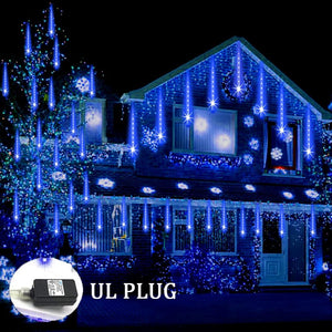 Meteor Shower Lights Outdoor Christmas Lights UL Certified Falling Rain Drop Lights Snowfall Icicle Cascading String Lights, Blue, 12Inch 8Tubes