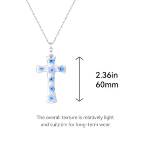 Cross Necklace for Women Girls,Forget-Me-Not Pressed Real Flower Necklace, Silver 18"