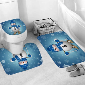 4Pcs Christmas Snowman Shower Curtain Sets Winter Snowflake Blue Bathroom Set Decor with Non-Slip Rugs Bath U-Shaped Mat Toilet Lid Cover