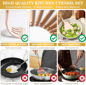 43Pcs Non-Stick Heat Resistant Kitchen Utensils Spatula Set with Wooden Handle for Baking, Khaki