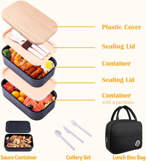 Bento Box with Lunch Bag Microwavable All-in-One Meal Prep Compartment Lunch Containers with Utensils, Black