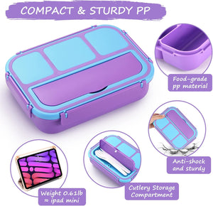 Bento Lunch Box with 4 Compartments, Sauce Container, Utensils, Food Picks and Muffin Cups for School - Purple