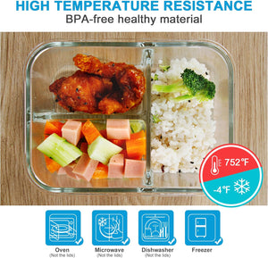 3 Pack 36oz Bento Box Glass Meal Prep Containers 3 Compartments Glass Food Storage Containers with Lids