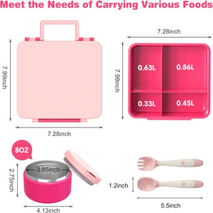 Bento Lunch Box with 8oz Soup Thermo, Kids Leakproof Lunch Food Containers with 4 Compartment, Pink