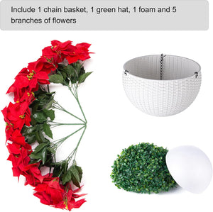 Artificial Fake Poinsettia Flowers Plants Hanging Basket for Christmas New Years Decoration, Faux Red Flower Realistic