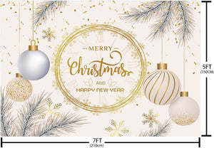 7x5ft Merry Christmas Backdrop Happy New Year Photography Background Christmas New Years Eve Xmas Tree Christmas Ball Festival Party Decoration