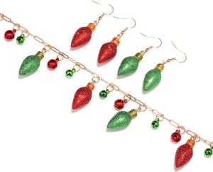 Christmas Necklace Red Green Glitter Christmas Light Bulb Necklace Earrings Set