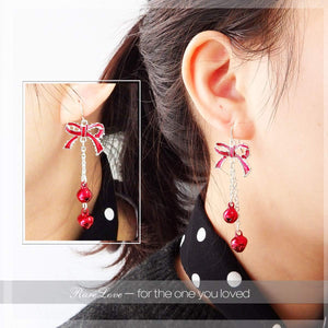 Lightweight Christmas Red Bow Knot Piercing Dangle Earrings Jingle Tassels Silver Plated Women Holiday Gift