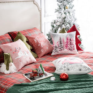 Set of 4 Merry Christmas Decorative Print and Embroidery Velvet Throw Pillow Covers, pink