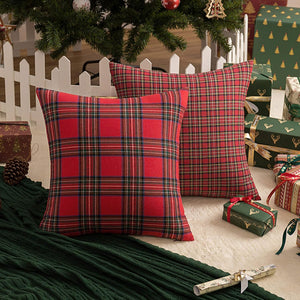 Pack of 2 Christmas Plaid Decorative Throw Pillow Covers Scottish Tartan Cushion Case, Red and Green Plaid