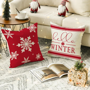 Merry Christmas Hello Winter Buffalo Plaid Snowflake Red Throw Pillow Cover, 18 x 18 Inch Winter Holiday Cushion Case Decoration for Sofa Couch Set of 4