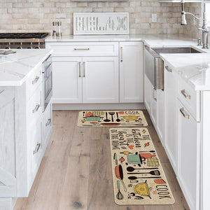 The Kitchen is The Heart of The Home Kitchen Mats Set of 2, Seasonal Cooking Sets Holiday, 17x29 and 17x47 Inch, Beige