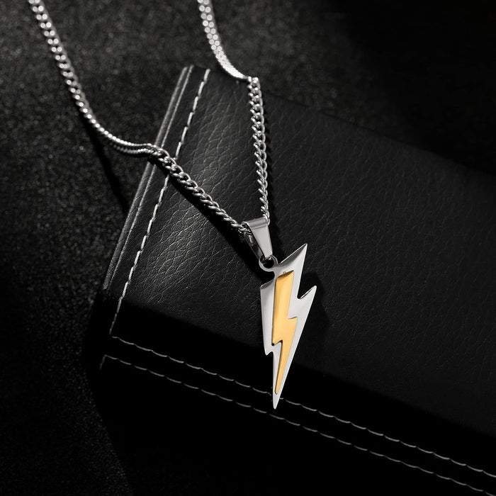 Golden Lightning Bolt Stainless Pendant Necklace for Men Women