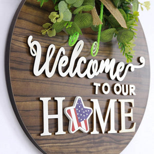 Interchangeable Seasonal Welcome Sign Front Door Decoration, Rustic Round Wood Wreaths Wall Hanging Outdoor, 12 inches