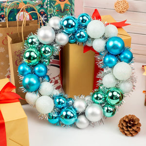 Christmas Ball Wreath, 13 Inch Glitter Ball Garland Shatterproof Ball Ornaments Blue Silver Tinsel for Front Door Hanging Decoration