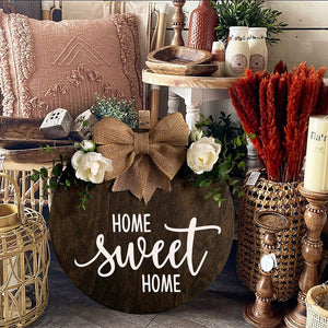 Home Sweet Home Wreaths Decor Sign Front Door, Round Wood Hanging Sign with Ribbon Bow and Artificial Green Leaves