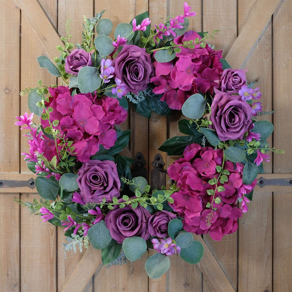 Artificial Purple Rose Wreath 20 inches Front Door Wreath with Hydrangea Green Leaves Wreath Artificial Spring Wreath