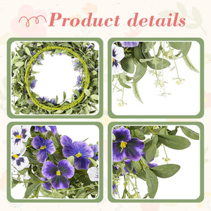 18" Spring Wreaths for Front Door Summer Wreath with Purple Pansy Flowers Green Eucalyptus Leaves