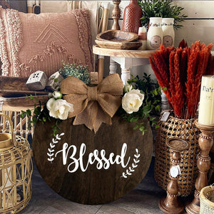 Blessed Wreaths Decor Sign Front Door, Round Wood Hanging Sign with Ribbon Bow and Artificial Green Leaves